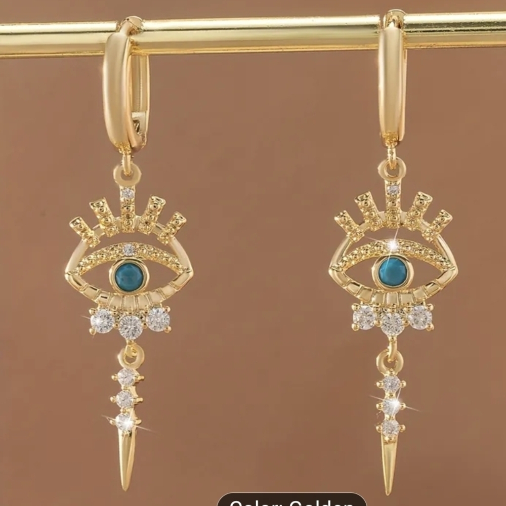 Gold and Turquoise Evil Eye Drop Earrings - Picture 4 of 4